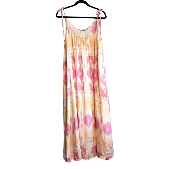 ZHRILL Boho Pink Watercolor Tie Shoulder Maxi Shift Dress Size L/XL - Picture 1 of 13